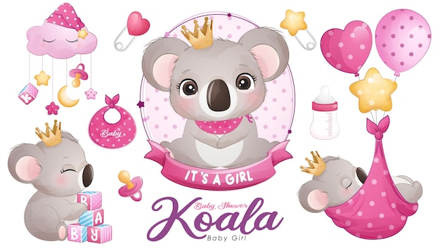 Śliczny doodle koala baby shower z zestawem ilustracji akwareli