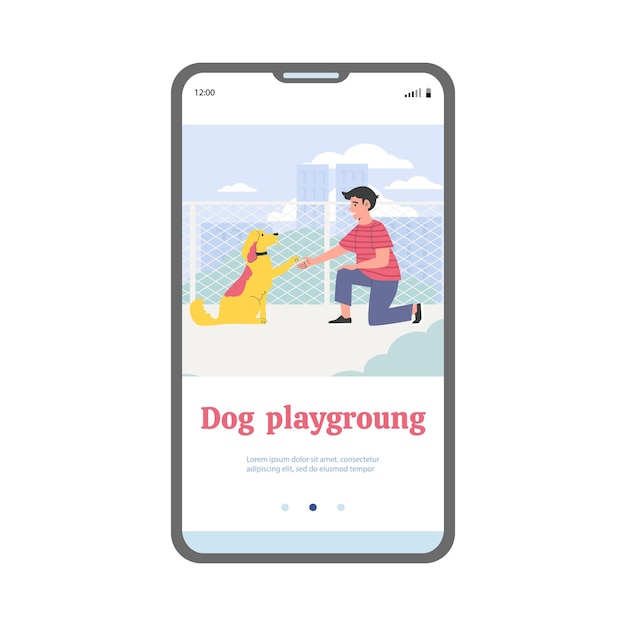 Strona mobilna dla psa plac zabaw z właścicielem bawi się z płaską ilustracją wektorową