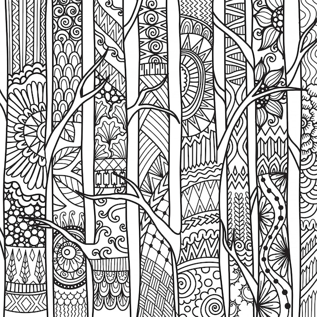 Styl zentangle drzew, kolorowanki