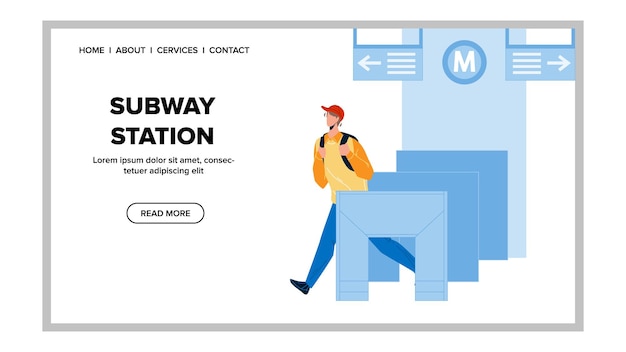 System wejścia do stacji metra Pass pasażera wektor. Chłopiec bariery stacji metra przechodzący ze sprzętem do kontroli biletów transportowych. Charakter człowieka idącego do podziemnej sieci płaskiej ilustracja kreskówka