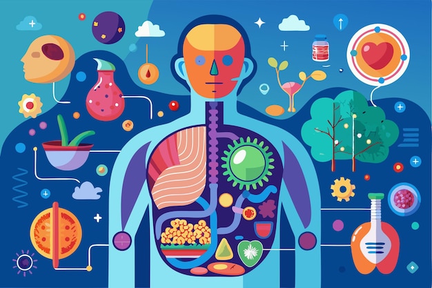 Wektor szczegółowa ilustracja przedstawia ludzki metabolizm, podkreślając organy, składniki odżywcze i procesy w żywy sposób.