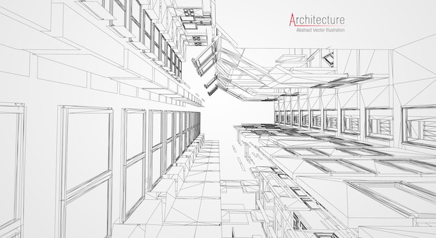 Tło linii architektury. Budynek szkic wektor streszczenie. Projekt 3d nowoczesnego miasta. Technologia siatki geometrycznej. Dom projektu drutu. Cyfrowy model szkieletowy innowacji architekta.