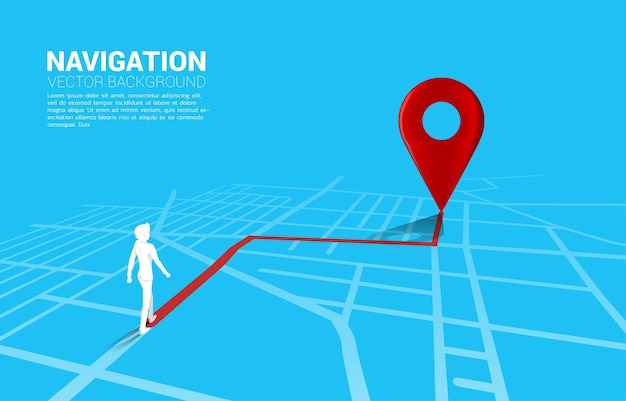 Trasa między znacznikami lokalizacji 3D a biznesmenem na mapie drogowej miasta Koncepcja infografiki systemu nawigacji GPS