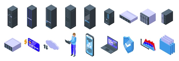 Wektor ustawienie ikon dedykowanych serwerów administrator systemu zarządzający serwerem przechowywania danych i przetwarzaniem w chmurze z analityką bezpieczeństwa i finansową