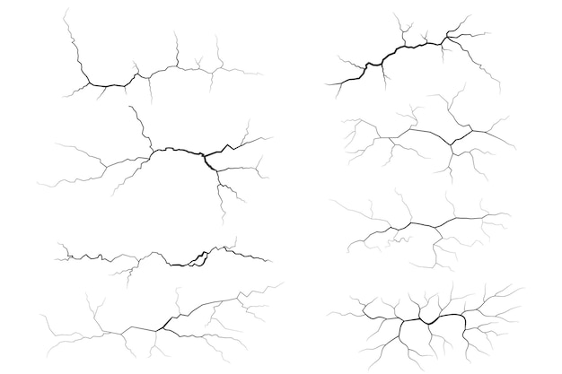 Wektor zbieranie pęknięć na ścianie, ziemi lub kamieniu linie rys na powierzchniach błyskawica i burza