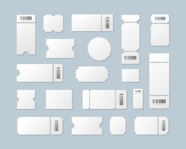 Zestaw pustych szablonów biletów Realistyczne bilety na transport koncertowy lub loterię z kodem kreskowym Ilustracja wektorowa EPS 10