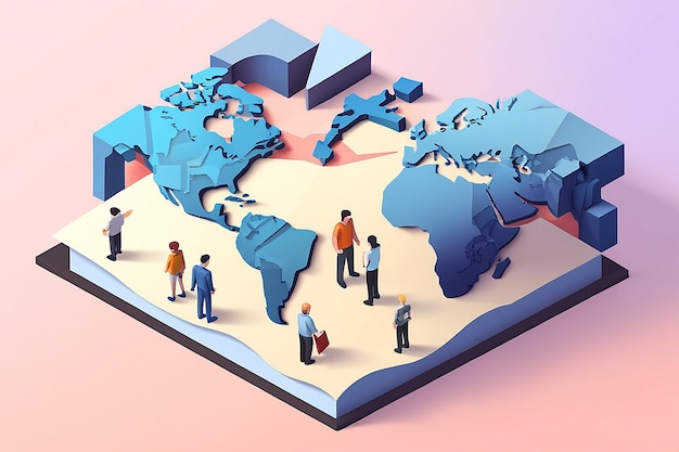 Zdjęcie 3d isometric web banner paper people surrounded the world global business i koncepcja pracy zespołowej