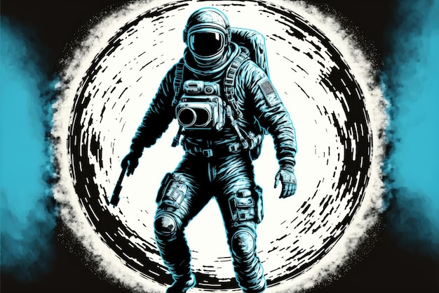 Astronauta w kosmosie Spaceman spaceru na planecie ze świecącym niebieskim pierścieniem światła Cyfrowy styl ilustracji malarstwa