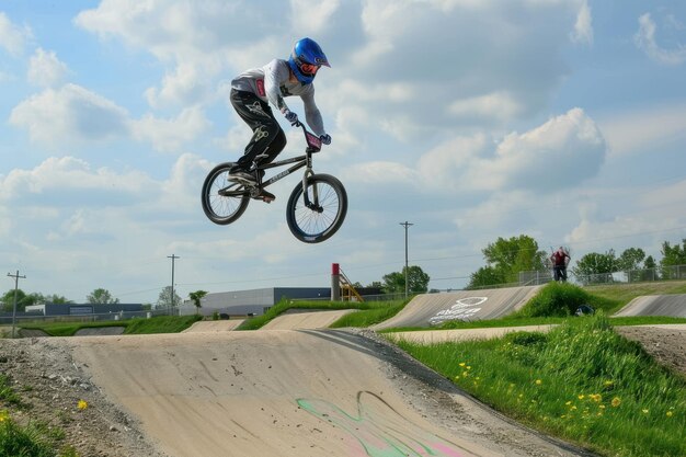 Zdjęcie bmx rowerzysta skakający z stołu na torze