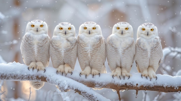 Zdjęcie cudowny kwintet śnieżnych sowów siedzących na wintry branch