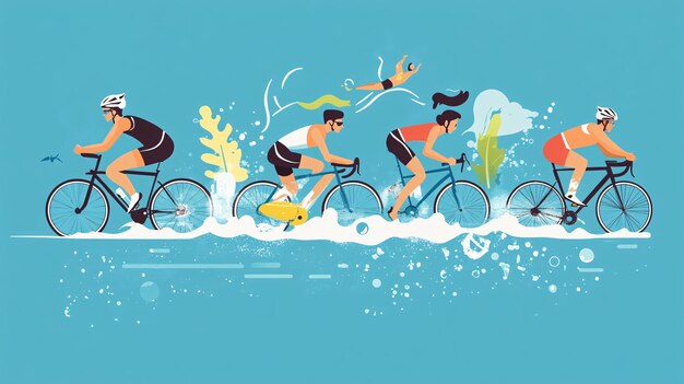 Zdjęcie dynamic triathlon flat design sportowcy w akcji pływanie jazda na rowerze i bieganie razem