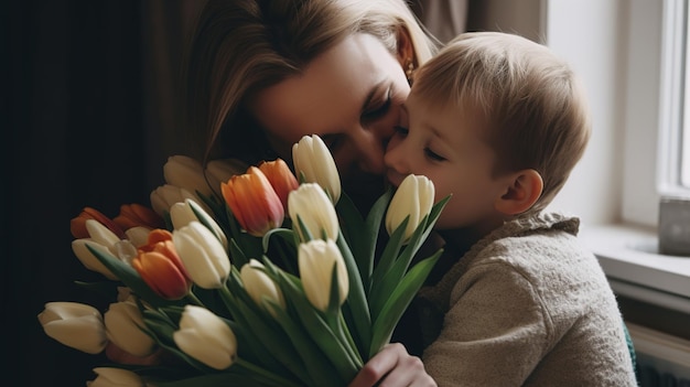 Dziecko, które świętuje Dzień Matki kwiatami i uściskami dla swojej mamy