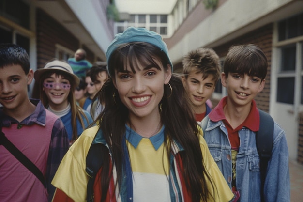 Zdjęcie fajne zabawne całkiem szczęśliwe stare szkoły nastolatki dzieci vintage retro lat dziewięćdziesiątych deskorolka koszykówka boisko edukacja nostalgia klasa student lat osiemdziesiątych