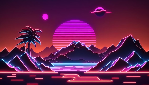 Generative AI Retro styl nostalgiczny 80s 90s Nocny krajobraz zachód słońca kolory scifi retrowave