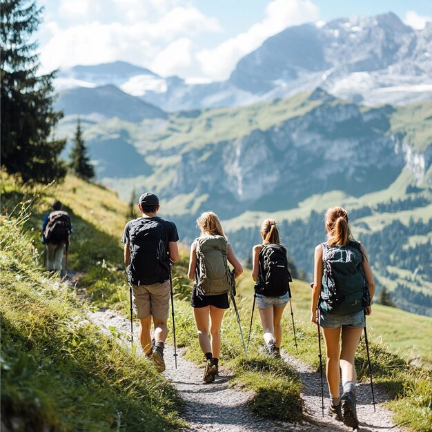 Zdjęcie grupa przyjaciół wędruje po malowniczej górskiej ścieżce z panoramicznymi widokami i naturalnym pięknem