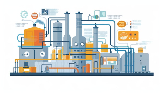 Zdjęcie ilustracja fabryki z rurami, zbiornikami i maszynami reprezentującymi produkcję przemysłową i produkcję.