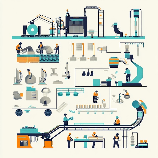 Zdjęcie infografika linii produkcyjnej z sekwencyjnymi etapami i zadaniami