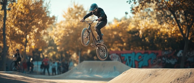 Zdjęcie jeździec bmx robi sztuczkę na rampie