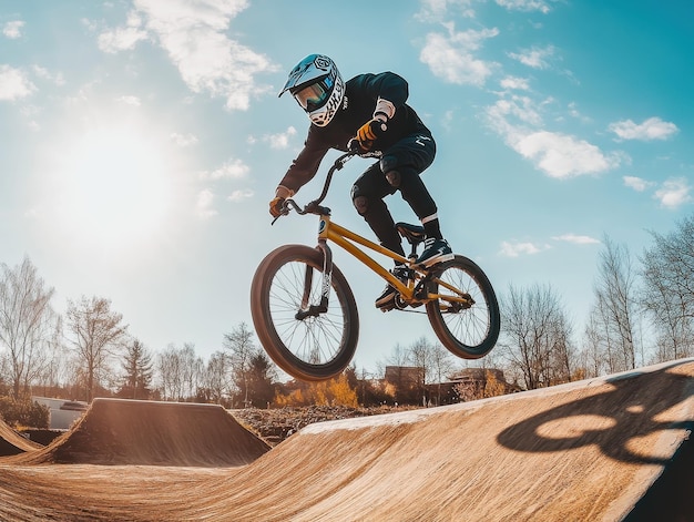 Zdjęcie jeździec bmx wykonujący skoki i kaskadery na torze brudnym