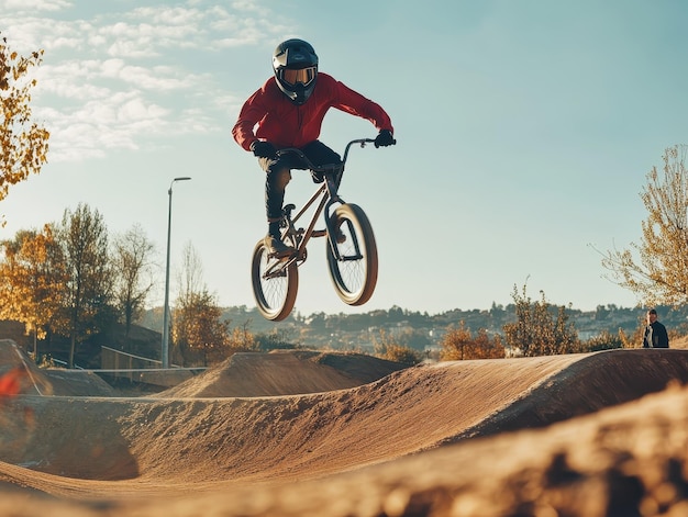 Zdjęcie jeździec bmx wykonujący skoki i kaskadery na torze brudnym