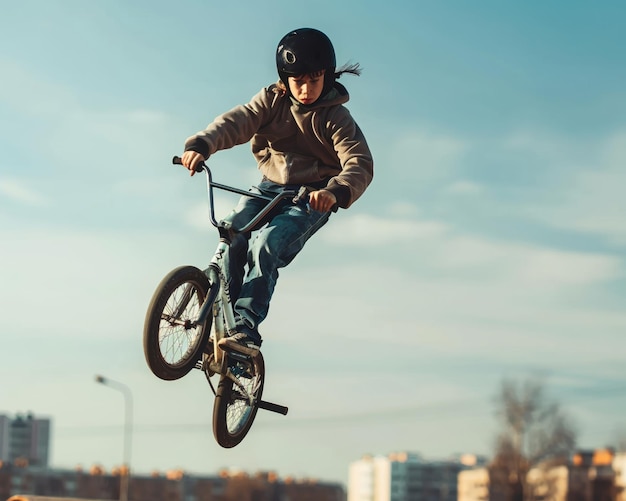 Zdjęcie jeździec bmx wykonujący złożony trik w powietrzu moment w parku miejskim skupia się na umiejętności i emocjach energiczna kultura młodzieży