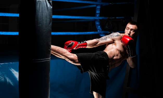 Kickboxer kopie worek. Szkolenie zawodowego sportowca. Pojęcie mma, zapasy, muay thai. Różne środki przekazu