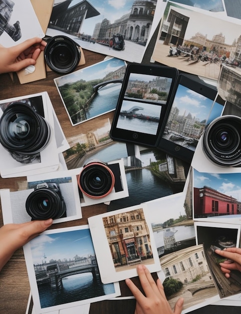 Zdjęcie kolaż zdjęć, w tym aparat fotograficzny i ręka osoby