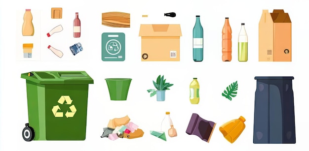 Zdjęcie kolorowe ilustracje odpadów nadających się do recyklingu, w tym butelek i pojemników