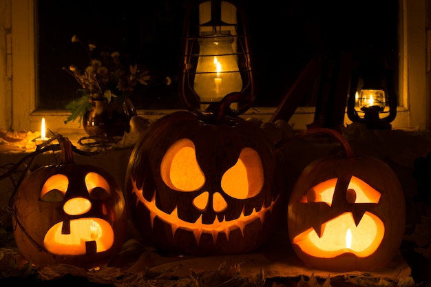 Kompozycja zdjęć z trzech dyń na Halloween. Płacz, Jack i przerażone dynie przy starym oknie, suche liście