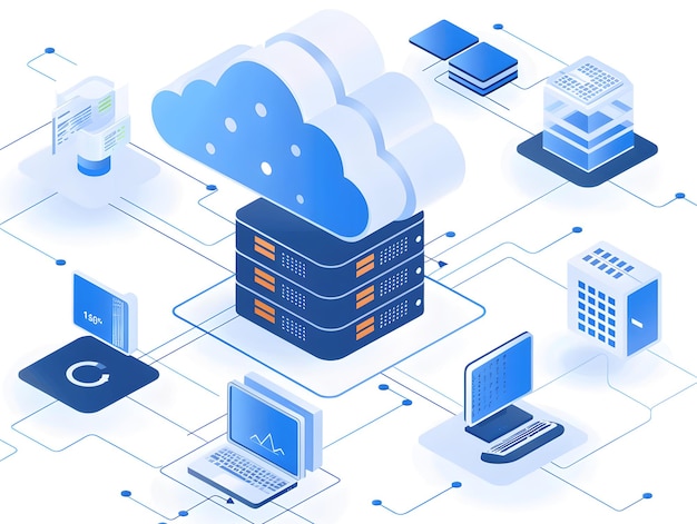 Zdjęcie koncepcja cyfrowego przetwarzania w chmurze prezentująca serwery chmurowe połączone z różnymi urządzeniami i ikonami przechowywania danych