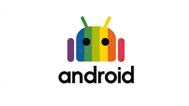 Zdjęcie logo tekst android z ilustracją tęczy kolorowy android głowa na białym tle