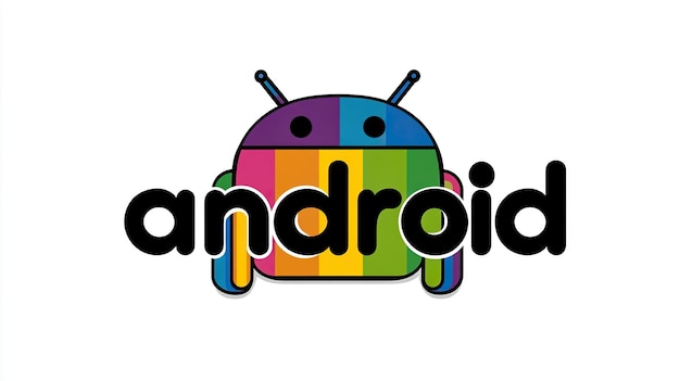 Zdjęcie logo tekst android z ilustracją tęczy kolorowy android głowa na białym tle