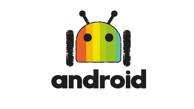 Zdjęcie logo tekst android z ilustracją tęczy kolorowy android głowa na białym tle