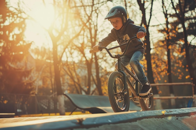 Zdjęcie młody chłopiec jeździ rowerem bmx w parku