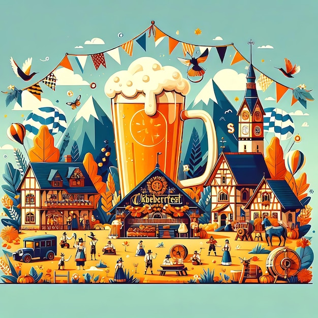 Zdjęcie oktoberfest świętowanie płaska ilustracja typografia renderowanie 3d