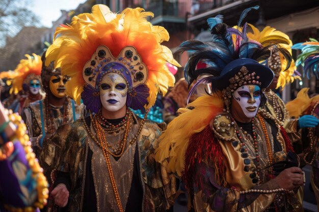 Parada Mardi gras na ulicach z zamaskowanymi i przebranymi w kostiumy biesiadnikami stworzonymi za pomocą generatywnej sztucznej inteligencji