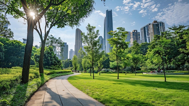 Zdjęcie park z zielonym parkiem i ścieżką prowadzącą do parku