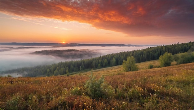 Zdjęcie piękny wschód słońca nad górską doliną z mglistym wschodem słońca