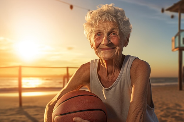 Portret starszej kobiety grającej w koszykówkę na plaży pewnej siebie i szczęśliwej osoby