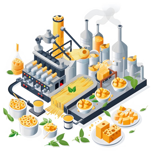 Zdjęcie producent makaronów nowoczesna fabryka produktów spożywczych izolowana na białym tle płaska konstrukcja