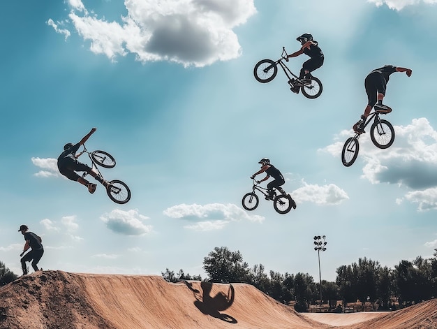 Zdjęcie rowerzyści bmx wykonujący flipy i kręcenia w ekstremalnych zawodach sportowych