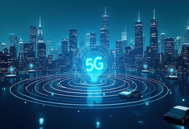 Zdjęcie rozbudowa sieci 5g obraz futurystycznego krajobrazu miejskiego z licznymi antenami 5g emitującymi fale