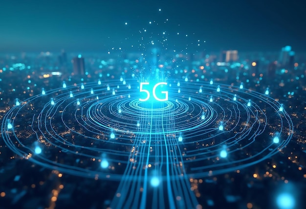 Zdjęcie rozbudowa sieci 5g obraz futurystycznego krajobrazu miejskiego z licznymi antenami 5g emitującymi fale