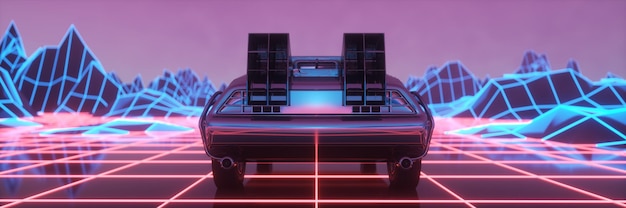 Samochód w neonowym stylu cyberpunk z lat 80-tych retrowave retro futurystyczny przejazd samochodem przez neonowe miasto ilustracja 3d