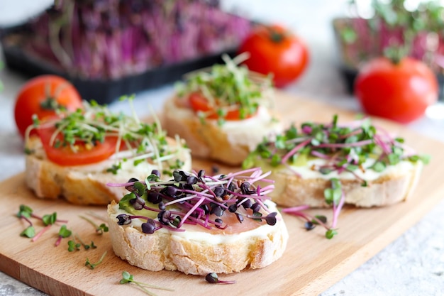 Smaczne tosty lub bruschetta z microgreens na stole Zdrowe wegańskie jedzenie i koncepcja diety