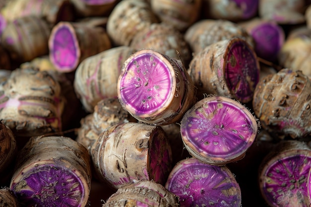 Zdjęcie taro świeże, roślinowe, zwane w nazwie naukowej colocasia esculenta, surowy taro in lo