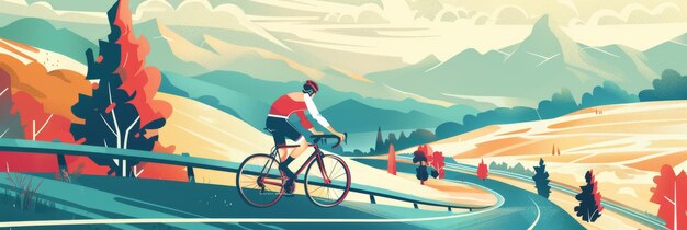 Zdjęcie w inspiracji vintage płaska ilustracja rowerzysty jeżdżącego po drodze podkreślająca ponadczasowe retro