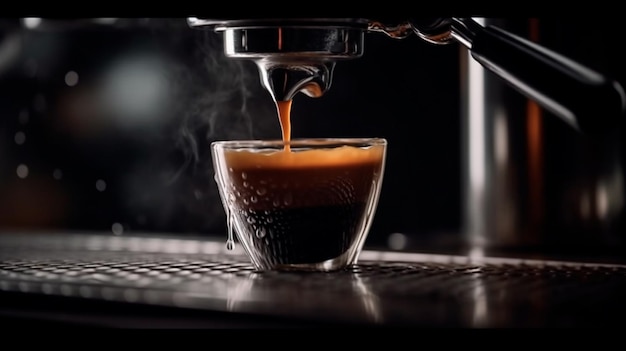 Zdjęcie zbliżenie nalewania espresso z ekspresu do kawy profesjonalne parzenie kawy generative ai