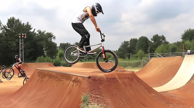 Zdjęcie zdjęcie śledzące jeźdźca bmx poruszającego się po torze brudnym pokazując umiejętności rowerowe i jeździeckie