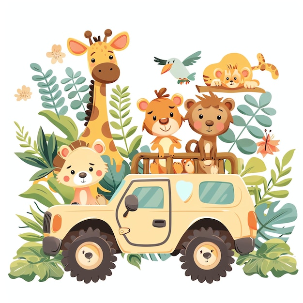 Zdjęcie zwierzęta safari jeżdżące samochodem safari ilustracja dla dzieci